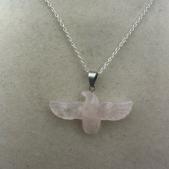 Rose Quartz Eagle Pendant Necklace on Silver Plated Box Chain - Picture 5 of 5